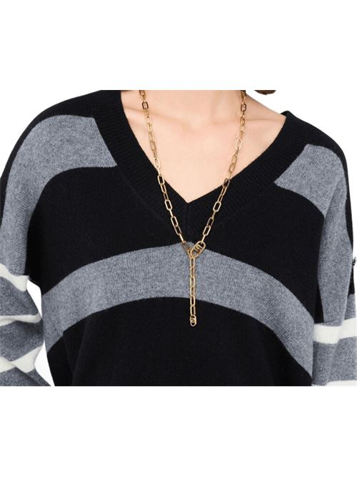 Maglia da donna in pura lana, bottone gioiello, righe nei toni di nero/grigio/ avorio LIU JO | MF5128-MS009C3819